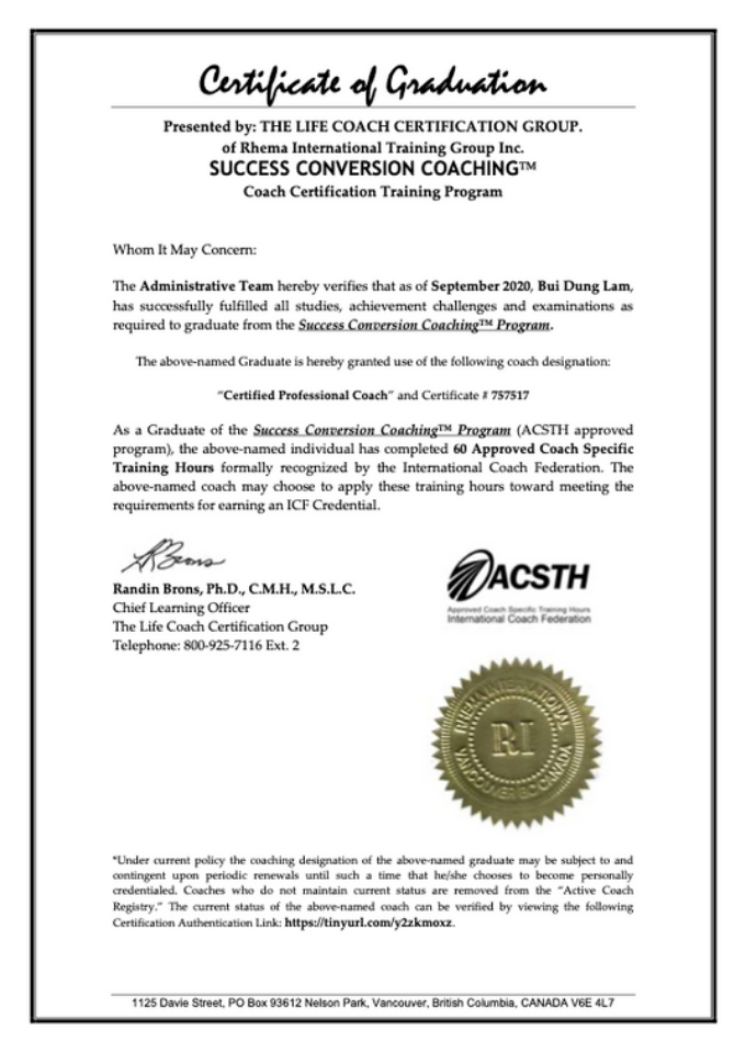 Chứng nhận Certificate of Graduation - Success Conversion Coaching